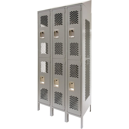 Vented Lockers, 2 -tier, Bank of 3, 36 x 18" x 88", Steel, Grey, Knocked Down, Perforated Groupe Belzile Dickner