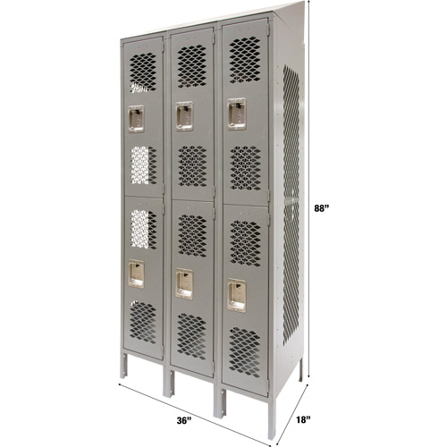 Vented Lockers, 2 -tier, Bank of 3, 36 x 18" x 88", Steel, Grey, Knocked Down, Perforated Groupe Belzile Dickner