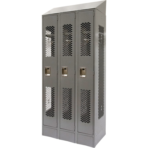 Vented Lockers, Bank of 3, 36" x 18" x 88", Steel, Grey, Knocked Down, Perforated Groupe Belzile Dickner