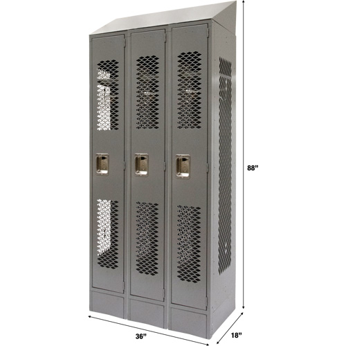 Vented Lockers, Bank of 3, 36" x 18" x 88", Steel, Grey, Knocked Down, Perforated Groupe Belzile Dickner