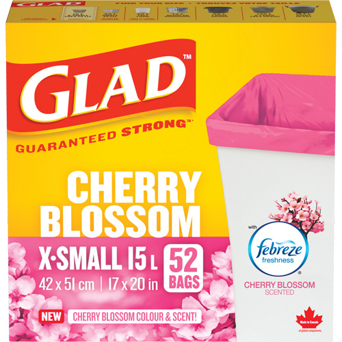 Glad&reg; Cherry Blossom Coloured & Scented Bags, Strong, 17" W x 20" L, Pink, 15 L (3.96 Gal.) Capacity Groupe Belzile Dickner