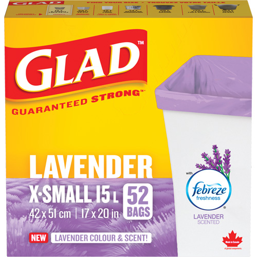 Glad&reg; Lavender Coloured & Scented Bags, Strong, 17" W x 20" L, Purple, 15 L (3.96 Gal.) Capacity Groupe Belzile Dickner