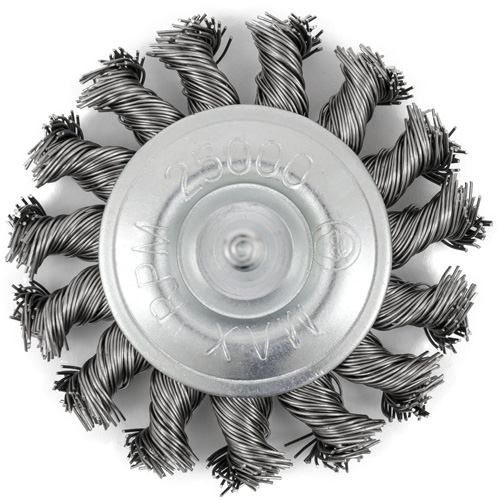 Shaft Mounted Knot Twisted Radial Brush, 3" Dia., 0.02" Fill, 1/4" Arbor, Stainless Steel Groupe Belzile Dickner