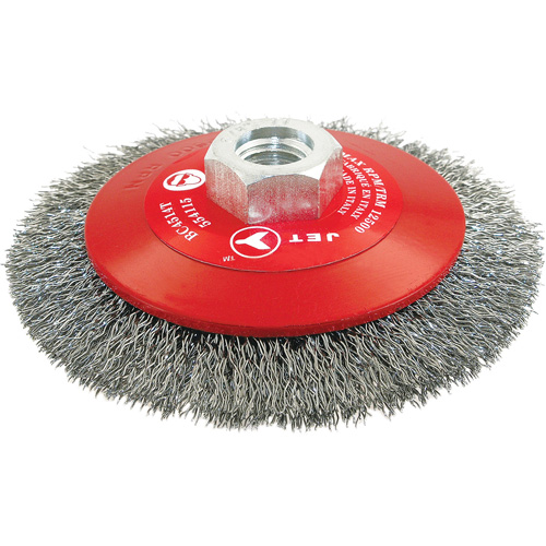 High-Performance Bevel Crimped Conical Brush, 4-1/2" Dia., 0.014" Fill, 5/8"-11 Arbor, Steel Groupe Belzile Dickner