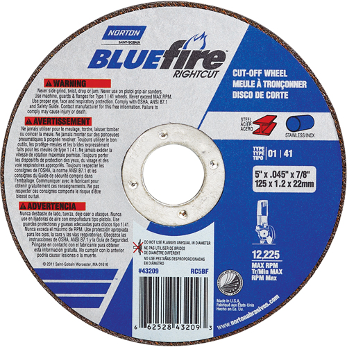 BlueFire&reg; Cut-off Wheel, 4-1/2" x 0.045"/1/16", 7/8" Arbor, Type 01/41, Aluminum Oxide/Zirconium, 13580 RPM Groupe Belzile Dickner