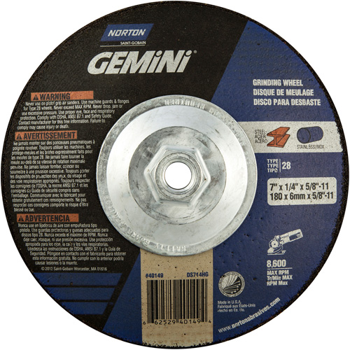 Gemini&reg; Saucer Wheel, 7" x 1/4", 5/8"-11 Arbor, Aluminum Oxide, Type 28 Groupe Belzile Dickner