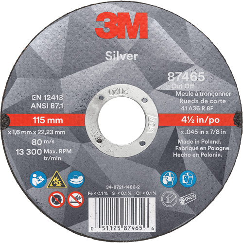 Silver Cut-Off Wheel, 4-1/2" x 0.045", 7/8" Arbor, Type 1, Ceramic, 13300 RPM Groupe Belzile Dickner