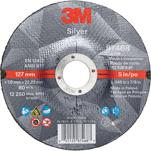 Silver Cut-Off Wheel, 5" x 0.045", 7/8" Arbor, Type 27, Ceramic, 12250 RPM Groupe Belzile Dickner
