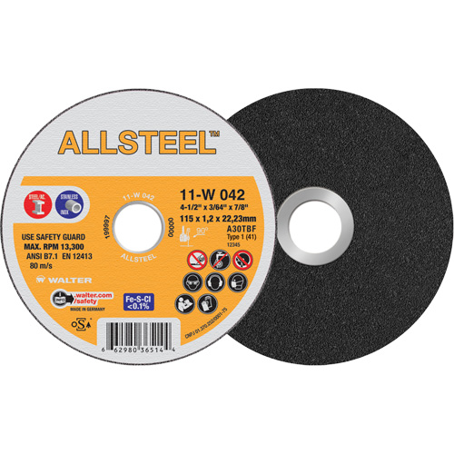 ALLSTEEL Cut-Off Wheel, 4-1/2" x 3/64", 7/8" Arbor, Type 1, Aluminum Oxide, 13300 RPM Groupe Belzile Dickner