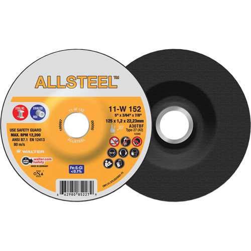 ALLSTEEL Cut-Off Wheel, 5" x 3/64", 7/8" Arbor, Type 27, Aluminum Oxide, 12250 RPM Groupe Belzile Dickner