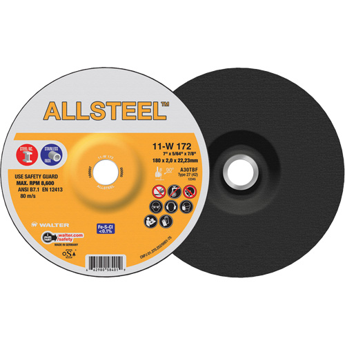 Meule &agrave; tronçonner ALLSTEEL, 7" x 5/64", Arbre de 7/8", Type 27, Oxyde d'aluminium, 8500 Tr/min Groupe Belzile Dickner