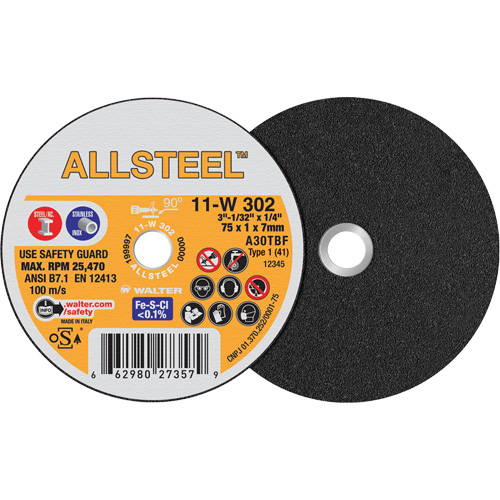 AllSteel Mini Cut-Off Wheel, 3" x 1/32", 1/4" Arbor, Type 1, Aluminum Oxide, 25470 RPM Groupe Belzile Dickner