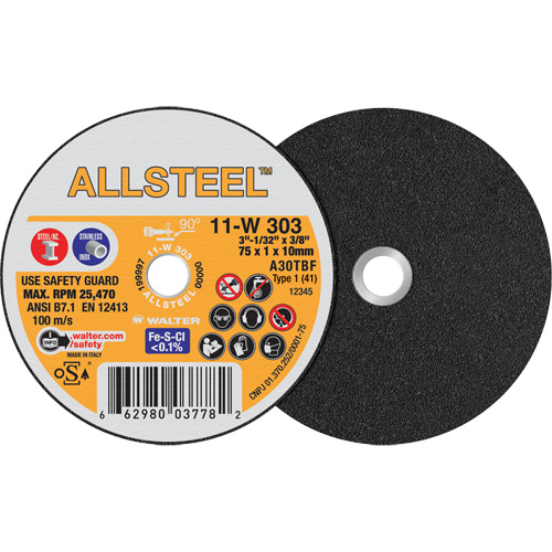 ALLSTEEL Mini Cut-Off Wheel, 3" x 1/32", 3/8" Arbor, Type 1, Aluminum Oxide, 25470 RPM Groupe Belzile Dickner