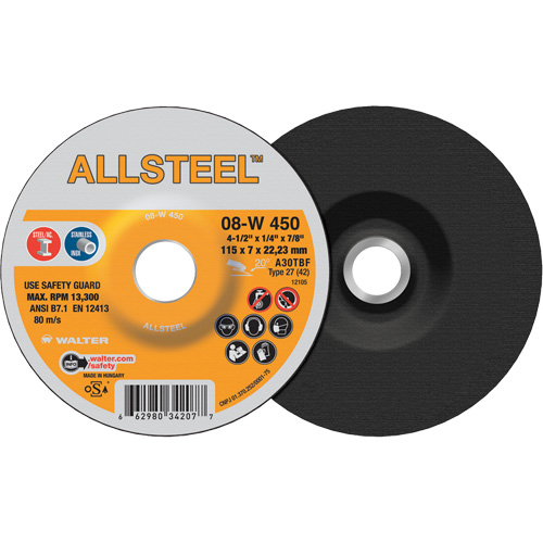 Meule AllSteel, 4-1/2" x 1/4", Arbre 7/8", Oxyde d'aluminium, Type 27 Groupe Belzile Dickner
