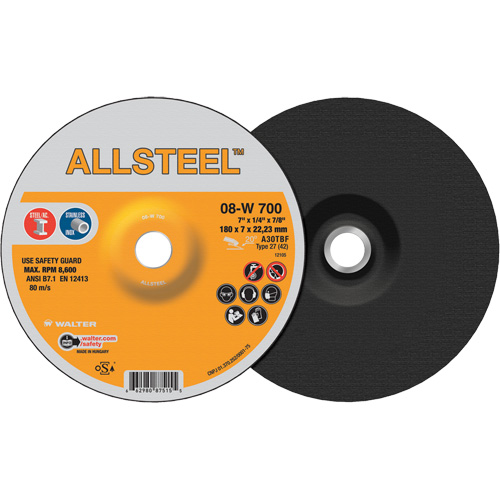 AllSteel Grinding Wheel, 7" x 1/4", 7/8" Arbor, Aluminum Oxide, Type 27 Groupe Belzile Dickner