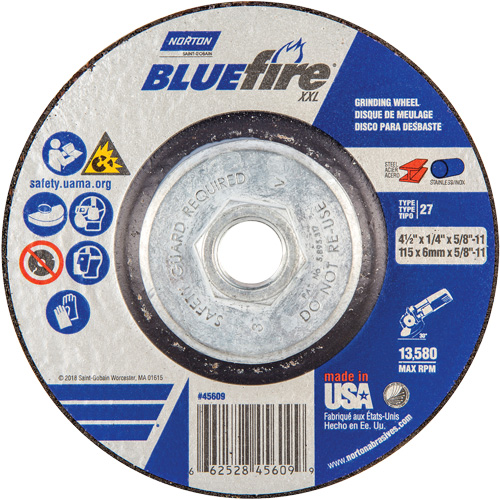 BlueFire&reg; XXL Grinding Wheel, 4-1/2" x 1/4", 5/8" Arbor, Ceramic Alumina, Type 27 Groupe Belzile Dickner