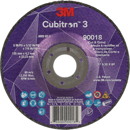 Cubitron 3 Cut & Grind Wheel, 5" x 5/32", 7/8" Arbor, Type T27, 36+ Grit, Ceramic Groupe Belzile Dickner
