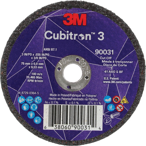 Meule &agrave; tronçonner Cubitron 3, 3" x 0,035", Arbre de 3/8", Type T1, C&eacute;ramique, 21000 Tr/min Groupe Belzile Dickner
