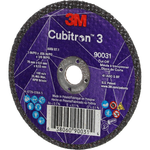 Meule &agrave; tronçonner Cubitron 3, 3" x 0,035", Arbre de 3/8", Type T1, C&eacute;ramique, 21000 Tr/min Groupe Belzile Dickner