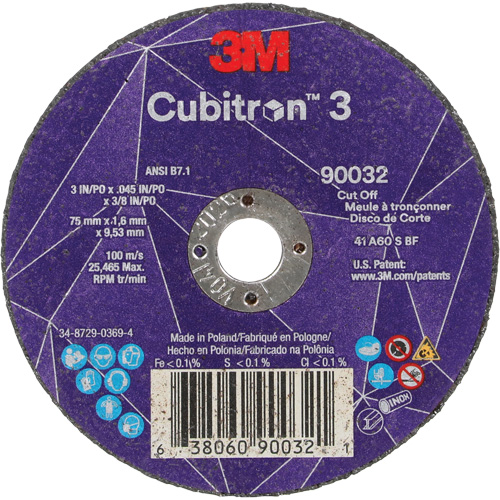 Meule &agrave; tronçonner Cubitron 3, 3" x 0,045", Arbre de 3/8", Type T1, C&eacute;ramique, 21000 Tr/min Groupe Belzile Dickner