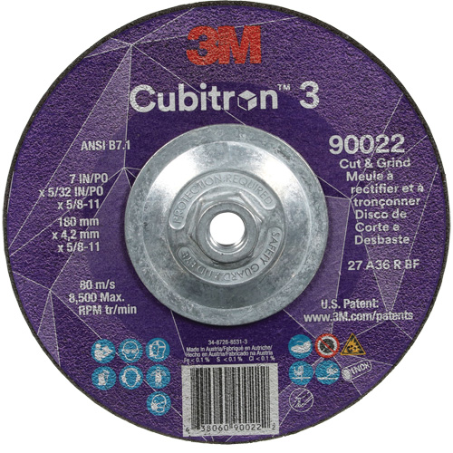 Cubitron 3 Cut and Grind Wheel, 7" x 5/32", 5/8"-11 Arbor, Type 27, 36 Grit, Ceramic Groupe Belzile Dickner