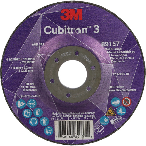 Cubitron 3 Cut and Grind Wheel, 4-1/2" x 1/8", 7/8" Arbor, Type 27, 36 Grit, Ceramic Groupe Belzile Dickner