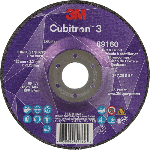 Cubitron 3 Cut and Grind Wheel, 5" x 1/8", 7/8" Arbor, Type 27, 36 Grit, Ceramic Groupe Belzile Dickner