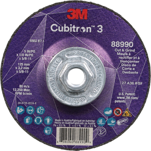 Cubitron 3 Cut and Grind Wheel, 5" x 1/8", 5/8"-11 Arbor, Type 27, 36 Grit, Ceramic Groupe Belzile Dickner