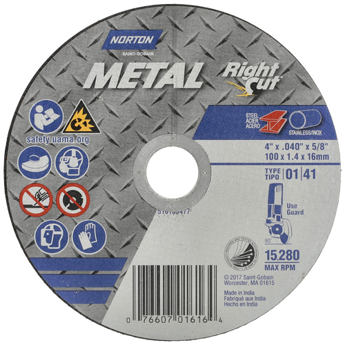 Meule &agrave; tronçonner m&eacute;tallique pour coupe &agrave; angle droit RightCut, 4-1/2" x 0,04", Arbre de 7/8", Type 01/41, Oxyde d'aluminium, 13580 Tr/min Groupe Belzile Dickner