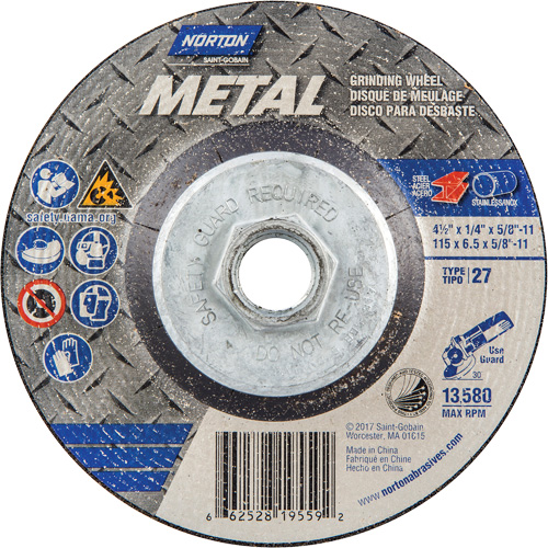 Metal Grinding Wheel, 4-1/2" x 1/4", 5/8"-11 Arbor, Aluminum Oxide, Type 27 Groupe Belzile Dickner