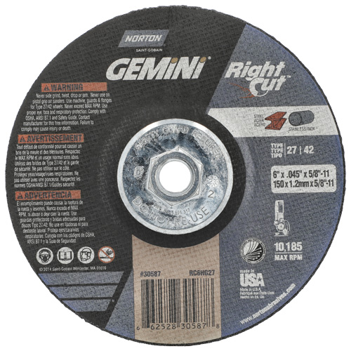 Meule &agrave; tronçonner pour coupe &agrave; angle droit RightCut Gemini, 6" x 0,045", Arbre de 5/8"-11, Type 27/42, Oxyde d'aluminium, 10185 Tr/min Groupe Belzile Dickner