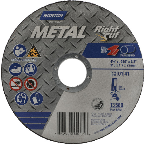 Meule &agrave; tronçonner m&eacute;tallique pour coupe &agrave; angle droit RightCut, 4-1/2" x 0,045", Arbre de 7/8", Type 01/41, Oxyde d'aluminium, 13580 Tr/min Groupe Belzile Dickner