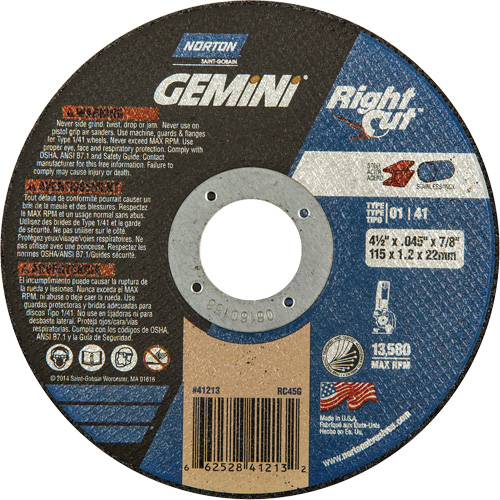 Meule &agrave; tronçonner pour coupe &agrave; angle droit RightCut Gemini, 4-1/2" x 0,045", Arbre de 7/8", Type 01/41, Oxyde d'aluminium, 13580 Tr/min Groupe Belzile Dickner