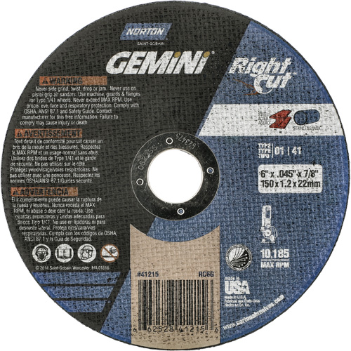 Meule &agrave; tronçonner pour coupe &agrave; angle droit RightCut Gemini, 6" x 0,045", Arbre de 7/8", Type 01/41, Oxyde d'aluminium, 10185 Tr/min Groupe Belzile Dickner