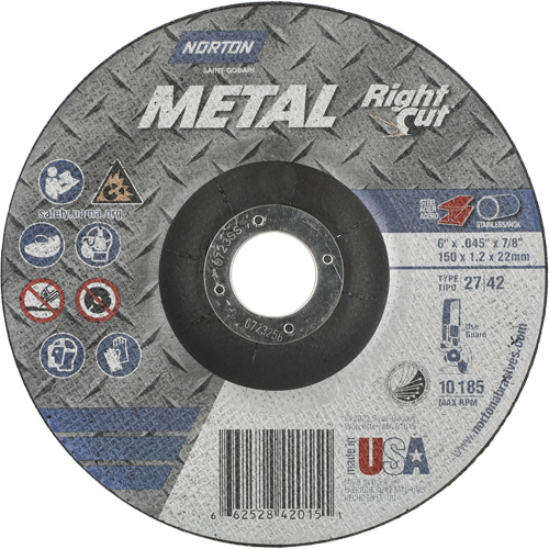 Meule &agrave; tronçonner m&eacute;tallique pour coupe &agrave; angle droit RightCut, 6" x 0,045", Arbre de 7/8", Type 27/42, Oxyde d'aluminium, 10190 Tr/min Groupe Belzile Dickner