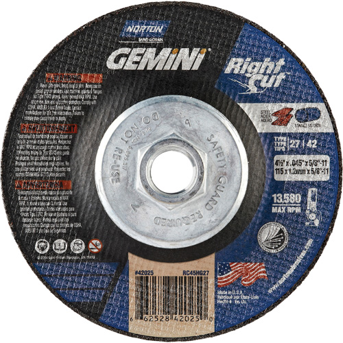 Meule &agrave; tronçonner pour coupe &agrave; angle droit RightCut Gemini, 4-1/2" x 0,045", Arbre de 5/8"-11, Type 27/42, Oxyde d'aluminium, 13580 Tr/min Groupe Belzile Dickner