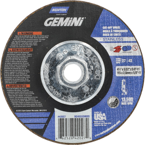Meule &agrave; tronçonner pour coupe &agrave; angle droit INOX/SS Gemini, 4-1/2" x 3/32", Arbre de 5/8"-11, Type 27/42, Oxyde d'aluminium, 13580 Tr/min Groupe Belzile Dickner