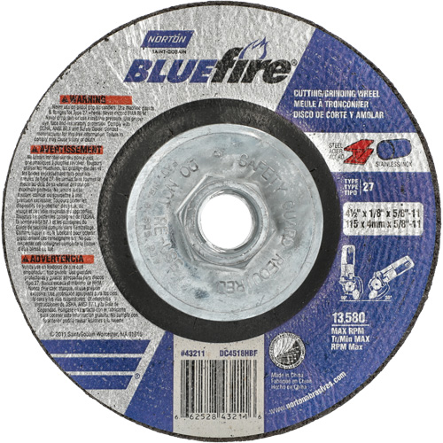 Disque de meulage et tronçonnage BlueFire, 4-1/2" x 1/8", Arbre de 5/8"-11, Type 27, Alumine de zirconium Groupe Belzile Dickner