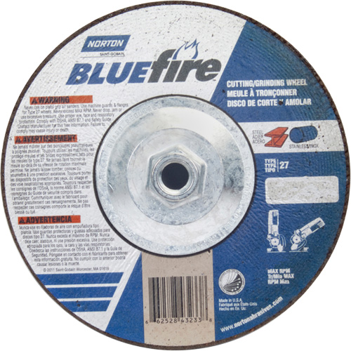 BlueFire Grinding & Cutting Wheel, 7" x 1/8", 5/8"-11 Arbor, Type 27, Zirconia Alumina Groupe Belzile Dickner