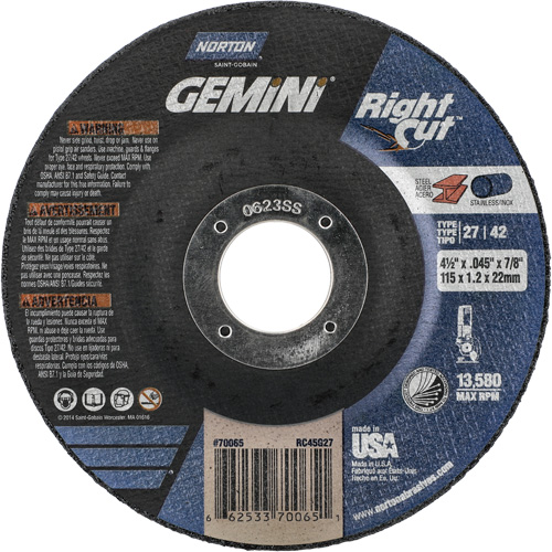 Meule &agrave; tronçonner pour coupe &agrave; angle droit RightCut Gemini, 4-1/2" x 0,045", Arbre de 7/8", Type 27/42, Oxyde d'aluminium, 13580 Tr/min Groupe Belzile Dickner
