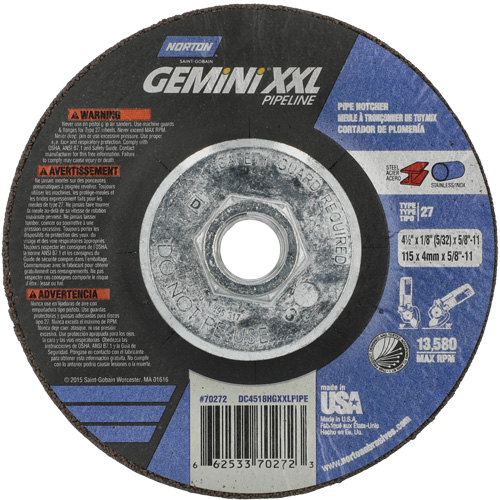 Gemini XXL Grinding & Cutting Wheel, 4-1/2" x 1/8", 5/8"-11 Arbor, Type 27, Aluminum Oxide Groupe Belzile Dickner