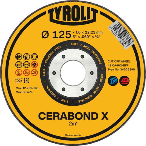 CERABOND X Cut-Off Wheel for Steel & Stainless Steel, 5" x 0.45", 7/8" Arbor, Type 1, Ceramic, 12250 RPM Groupe Belzile Dickner