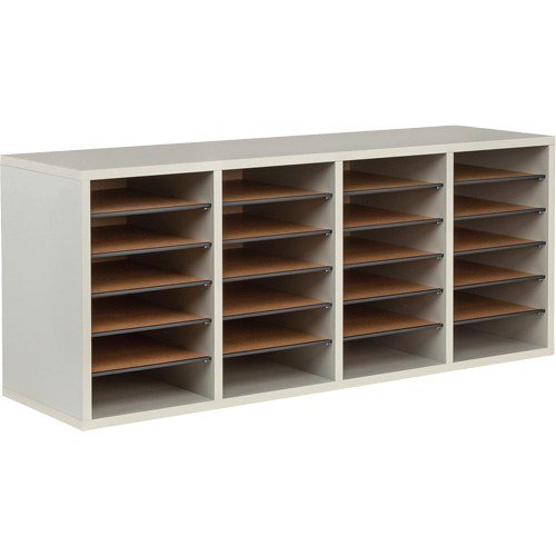Adjustable Compartment Literature Organizer, Stationary, 24 Slots, Wood, 39-1/4" W x 11-3/4" D x 16-1/4" H Groupe Belzile Dickner