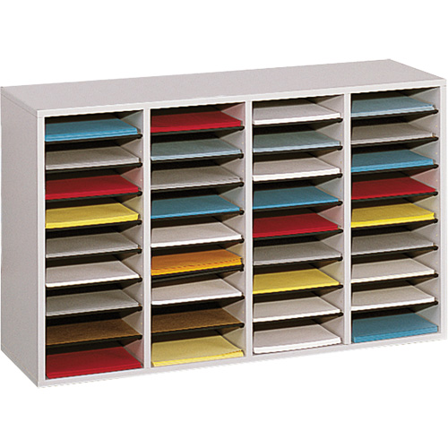 Adjustable Compartment Literature Organizer, Stationary, 36 Slots, Wood, 39-1/4" W x 11-3/4" D x 24" H Groupe Belzile Dickner
