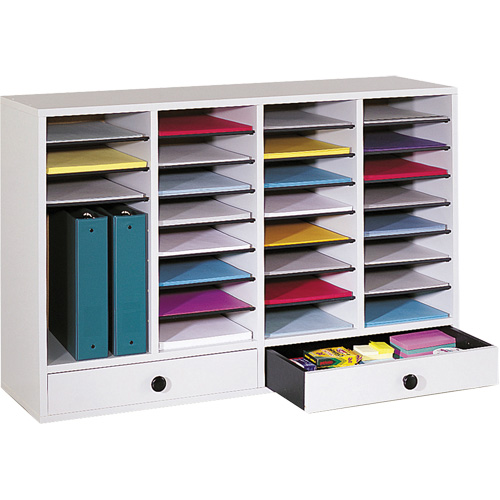Adjustable Compartment Literature Organizer, Stationary, 34 Slots, Wood, 39-1/4" W x 11-3/4" D x 25-1/4" H Groupe Belzile Dickner