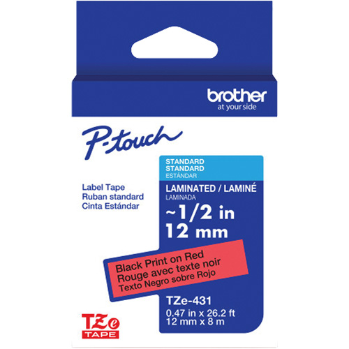 TZe-431 Laminated Tape for TZe-Compatible P-Touch Label Makers, 12 mm x 8 m, Black on Red Groupe Belzile Dickner