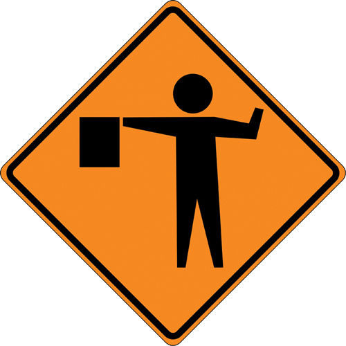 Tilt-Adjust Flagman Ahead Roll-Up Construction Sign, 36" x 36", Vinyl, Pictogram Groupe Belzile Dickner