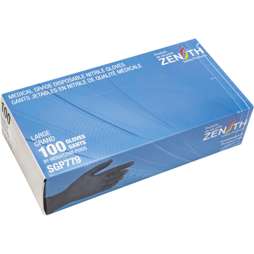 Gants jetables de calibre m&eacute;dical r&eacute;sistants &agrave; la perforation, Grand, Nitrile, 5 mils, Sans poudre, Noir, Classe 2 Groupe Belzile Dickner