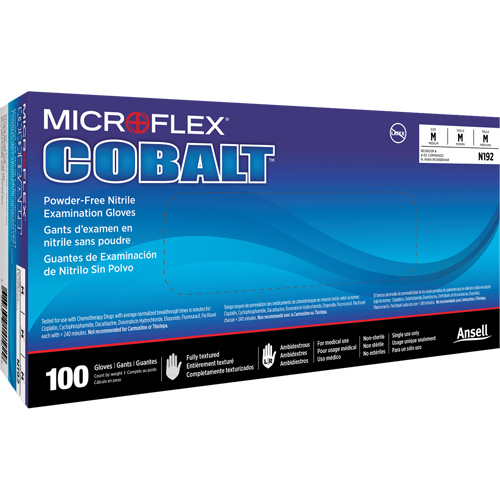 Gants d'examen d'usage multiple Microflex Cobalt N19, T-petit, Nitrile, 3,9 mils, Sans poudre, Bleu, Classe 2 Groupe Belzile Dickner