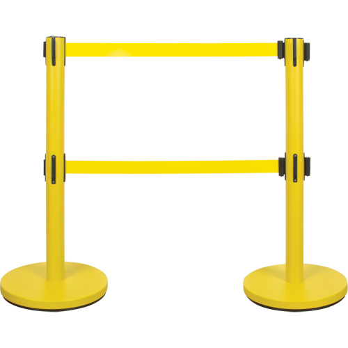 Dual Belt Crowd Control Barrier, Steel, 35" H, Yellow Tape, 7' Tape Length Groupe Belzile Dickner